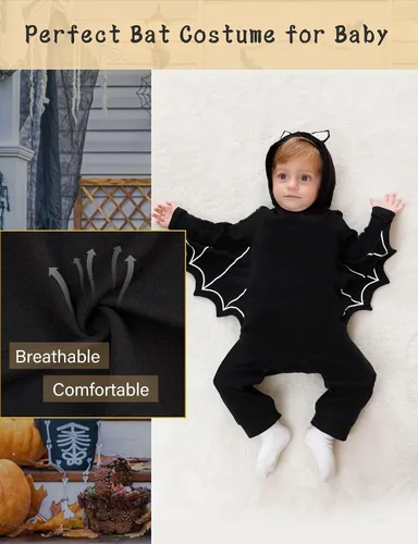 Vista 5 de Goodstoworld Disfraz de Halloween para bebé recién nacido, para niño y niña, color negro con murciélago que brilla en la oscuridad, body de 0 a 18