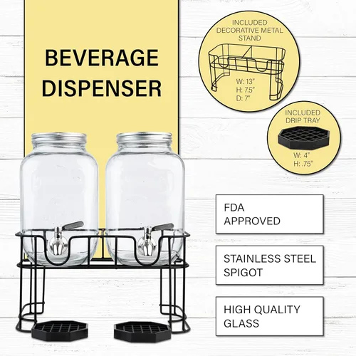 Vista 2 de Kitchentoolz Dispensadores de bebidas de vidrio de doble galón con infusor de frutas e inserto de hielo, espitas de acero inoxidable, soporte