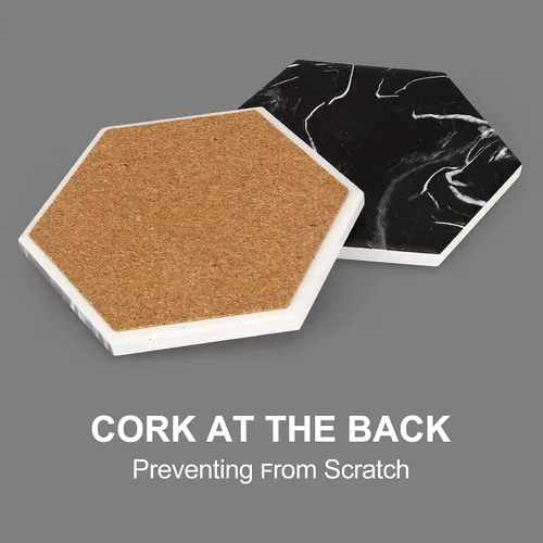 Vista 7 de Juego de posavasos de mármol negro fresco con soporte, posavasos hexagonales absorbentes de cerámica moderna, paquete de 6 posavasos de piedra
