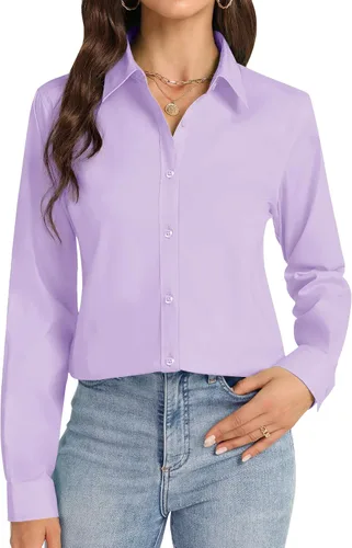 Vista 8 de Camisas con botones J.VER para mujer con cuello elástico y manga larga de algodón, camisa de vestir casual de negocios para el trabajo