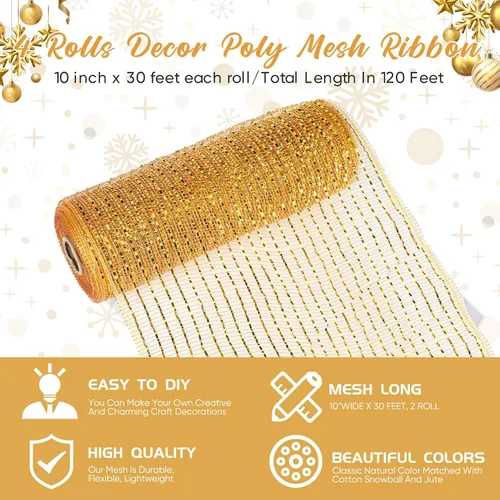 Vista 3 de Funtery 4 Rollos de 40 Yardas de Cinta de Malla Decorativa de Navidad, Cinta de Malla Decorativa con Tallo de Chenilla y Abrazaderas de Plástico