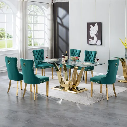 Vista 43 de Juego de mesa de comedor de cristal dorado de 5 piezas, 70 pulgadas, rectangular, moderna, para cocina y comedor, mesa de comedor para 4, mesa