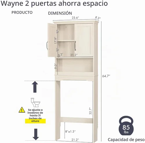Vista 2 de Spirich Armario de almacenamiento sobre el inodoro con puertas y estante