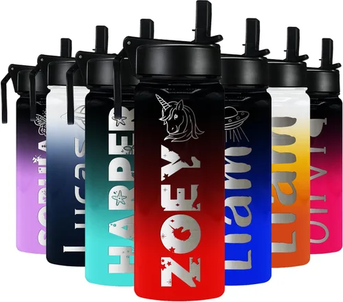Vista 11 de Botella de agua personalizada para niños con tapa de popote en azul aguamarina degradado para la escuela, nombre personalizado para niños, 18 onzas