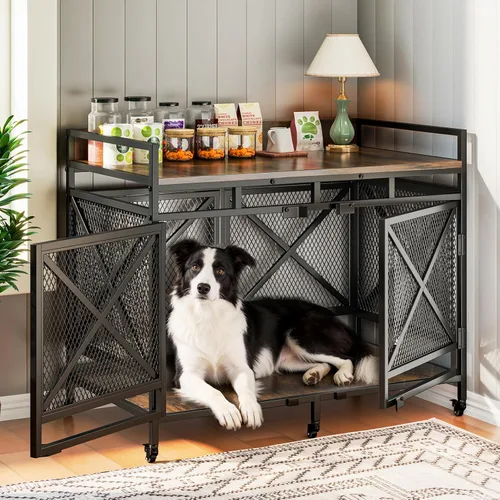 Vista 9 de COZPAW Mueble de jaula grande para perros - Jaula de interior de 48 pulgadas de alta resistencia para raza extragrande con puertas dobles, jaula