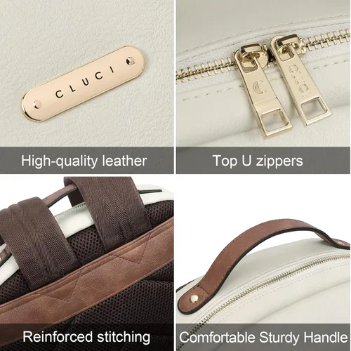 Vista 5 de CLUCI Mochila de cuero para mujer de 15.6 pulgadas, mochila para computadora portátil, mochila para viajes, avión, mochila casual, color beige