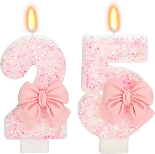 Vista 65 de Vela de cumpleaños para pastel, vela 0 - purpurina rosa con lazo, vela de feliz cumpleaños de 2.76 pulgadas, adorno superior de pastel para fiestas