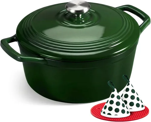 Vista 33 de Overmont - Horno holandés de hierro fundido esmaltado, de 4.5 QT, con tapa, libro de cocina (idioma español no garantizado) y agarraderas de verde