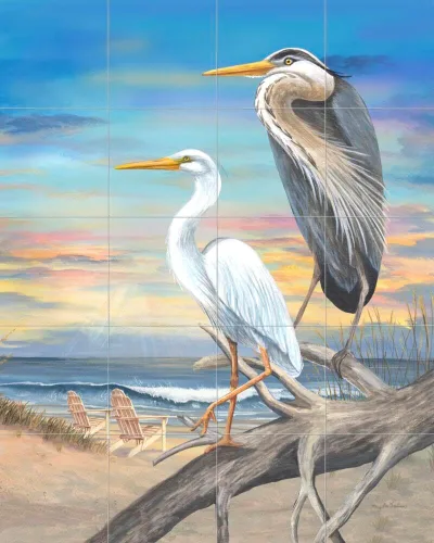 Vista 5 de Mural de azulejos de cerámica para salpicaduras de aves acuáticas para cocina/baño - garzas costeras - Mary Lou Troutman