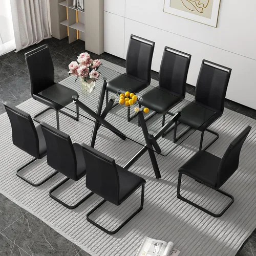 Vista 26 de Juego de 6 mesas de comedor de cristal, moderno juego de mesa de comedor de vidrio templado rectangular transparente de 71 pulgadas y 6 sillas