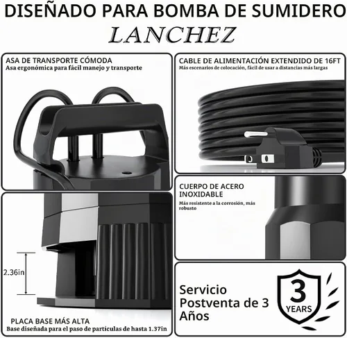 Vista 5 de LANCHEZ - Bomba de sumidero, bomba de agua sumergible de alto flujo de 1.6 HP con interruptor de flotador, bomba de transferencia automática de 6000