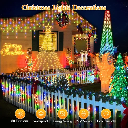 Vista 9 de FLVOECN 480 luces LED de Navidad de 49 pies, enchufables, 8 modos con temporizador, luces de hielo regulables, para exteriores, impermeables