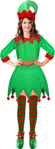 Vista 5 de Girls Women Christmas Elf Costume Set Santa's Helper Costume Xmas Festive Outfit with Elf Hat Shoes Belt Striped Stockings