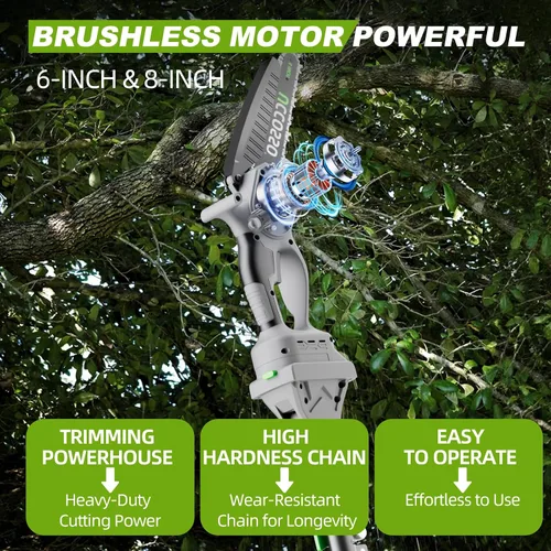 Vista 4 de Sierras de poste eléctricas 3 en 1 para poda de árboles, mini motosierra inalámbrica de 6 y 8 pulgadas con poste de extensión, motor sin escobillas