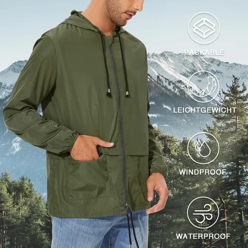 Vista 2 de Zando Chubasquero para hombre, impermeable, con capucha, rompevientos, ligero, para ciclismo