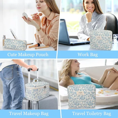 Vista 6 de Juego de bolsas de maquillaje, bolsa de maquillaje acolchada, bolsa grande para cosméticos florales para mujer, bonitas bolsas de maquillaje