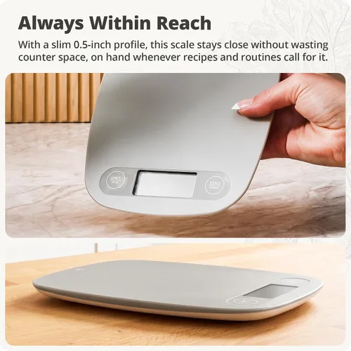 Vista 2 de Greater Goods Báscula de alimentos – Báscula digital de cocina, precisión de 1g (0.035 oz), tara fácil y conversión rápida, diseño compacto delgado