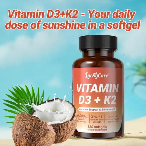 Vista 3 de Vitamina D3 K2 10000 UI Softgels 120 Coco, Apoyo a los Huesos Inmune 120 coconut oil softgels with K2 (MK-7) 200mcg. Supports calcium absorption