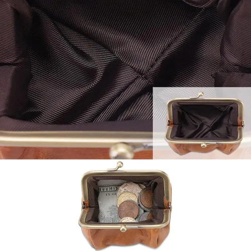 Vista 4 de ROUROU Bolso de mano de cuero genuino para mujer, con cierre de beso, billetera retro para monedero, organizador de monedas, lindo bolso, Negro