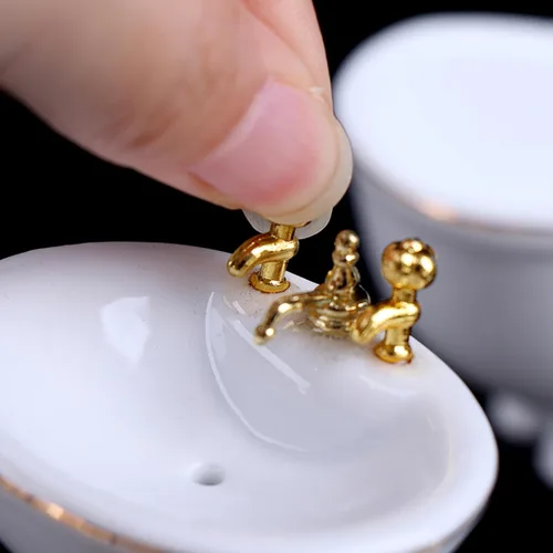 Vista 3 de 1:12 Juego de baño de porcelana en miniatura para casa de muñecas, 5 piezas, lavabo de cerámica blanca, espejo de bañera, muebles en miniatura