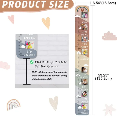 Vista 6 de Tabla de crecimiento inspiradora de madera maciza para niños con ventanas de fotos, tabla de altura motivacional para niños, tabla de pared plegable
