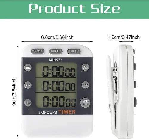 Vista 2 de Photect Temporizador digital de cocina de 2 piezas, 3 canales, temporizador multitemporizador, alarma ajustable magnética, cuenta atrás, memoria