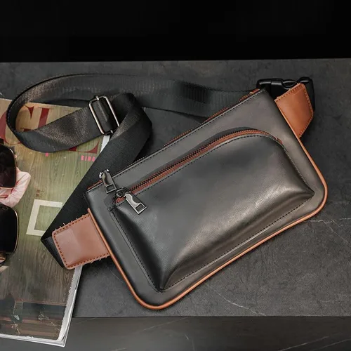 Vista 2 de Bolso bandolera de cuero para hombre, mochila de hombro en el pecho, bolso cruzado impermeable al agua