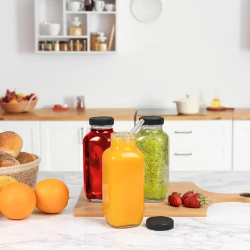 Vista 5 de umud Botellas de Jugo con Tapas, 16 Oz - Juego de 3 - Frascos de Vidrio Transparente con Tapas - Recipientes Vacíos Reutilizables para Bebidas