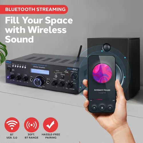 Vista 2 de Pyle PDA6BU.7 - Amplificador de potencia Bluetooth - Receptor estéreo de doble canal de 200 W con karaoke fácil - Micrófono con Echo, reproductor