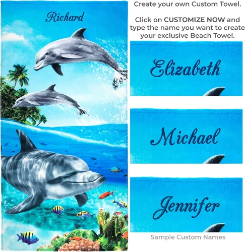 Vista 2 de Beachland Paradise Dolphins - Toalla de playa personalizada de 30 x 60 pulgadas, 100% algodón, delfín nariz de botella bajo el agua