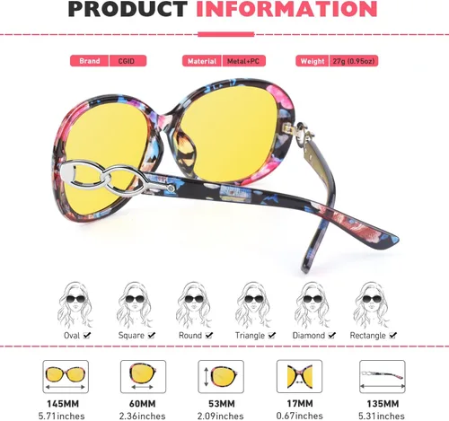 Vista 6 de CGID Gafas de conducción de visión nocturna para mujer, lentes polarizados con bloqueo de luz azul