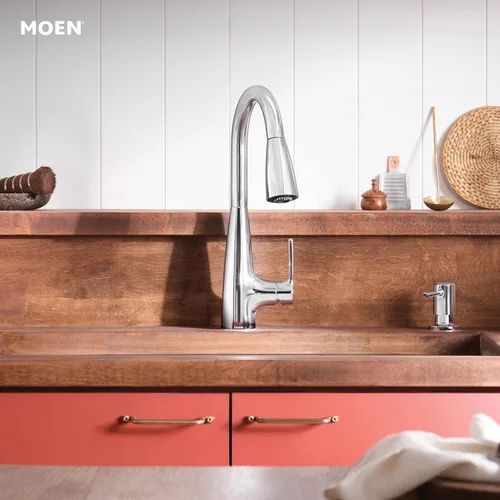 Vista 2 de Moen Haelyn - Grifo de cocina monocontrol con rociador extraíble cromado con potencia para una limpieza más rápida, dispensador de jabón incluido