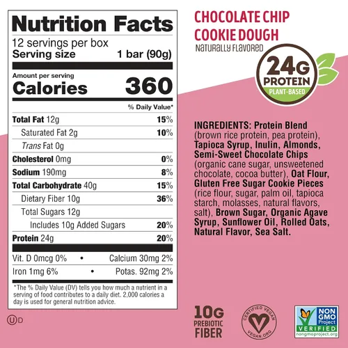 Vista 2 de Lenny & Larry's Cookie-fied BIG BAR – Galletas de proteína veganas de masa de galletas con chispas de chocolate 12x90g – Snacks saludables, 24g