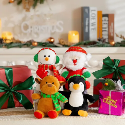 Vista 2 de Juego de 4 Muñecos de Peluche de Navidad Juguete de Peluche de Papá Noel Animal de Peluche Juguete Animal Reno Lindo Muñeco de Nieve Alce Claus