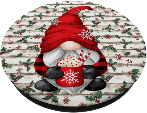 Vista 2 de Divertido gnomo de Navidad a cuadros, decoración navideña y cacao caliente PopSockets intercambiables PopGrip