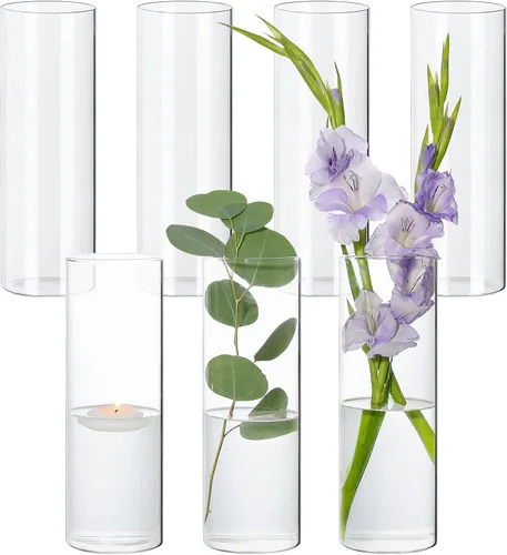 Vista 10 de SUPMIND - Jarrones cilíndricos de vidrio, 6 piezas para centros de mesa, jarrón corto de 5 pulgadas Glass Clear Flower Vases Bulk, Hurricane