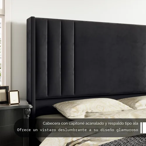 Vista 5 de AMERLIFE Armazón de cama tamaño Queen, plataforma tapizada de terciopelo con cabecera capitonada de canal vertical y pie de cama/respaldo alto, base