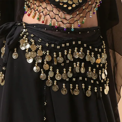 Vista 3 de Bufandas para la cadera de danza del vientre, faldas onduladas para mujer, envueltas con 128 monedas de oro, 11