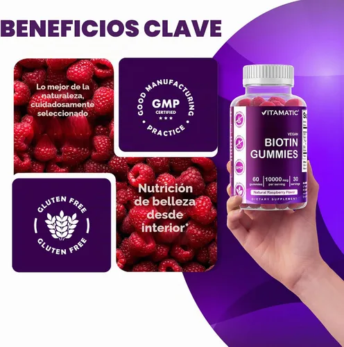 Vista 6 de Vitamatic Gomitas de biotina 10,000 mcg, 60 gomitas veganas, sabor a