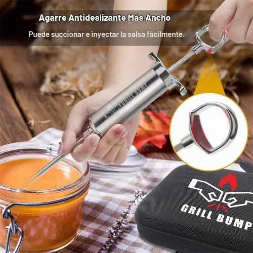 Vista 2 de Grill Bump Kit de jeringa para inyector de carne con 3 agujas de inyector profesional de marinada y estuche de viaje para ahumador de parrilla, pavo