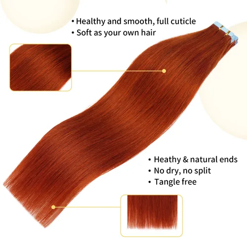 Vista 3 de Extensiones de cabello humano con cinta adhesiva de 16 pulgadas, color rojo cobre #350, trama invisible, color liso #350, 20 unidades, 16 pulgadas