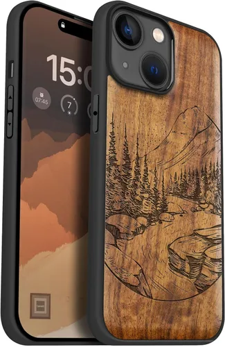 Vista 9 de Carveit Funda magnética de madera para iPhone 15, compatible con cargadores inalámbricos MagSafe, funda negra de TPU suave a prueba de golpes