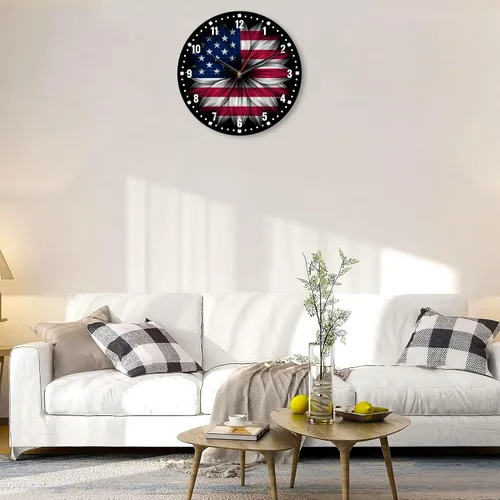 Vista 6 de SPUNKER Reloj de pared con bandera estadounidense, reloj de pared de cocina con bandera estadounidense, reloj de día de la independencia de 10