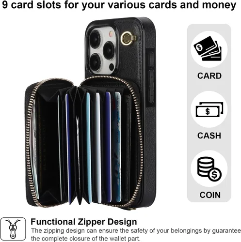 Vista 3 de Bocasal Funda tipo cartera cruzada para iPhone 15 Pro, funda de piel con bloqueo RFID y soporte para tarjetas, funda protectora con cremallera
