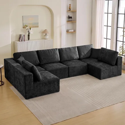 Vista 27 de WUTUTUEE Sofá modular en forma de U de 115 pulgadas, sofá modular modular de 3 plazas con 2 otomanas móviles, sofá cama convertible de pana con Beige