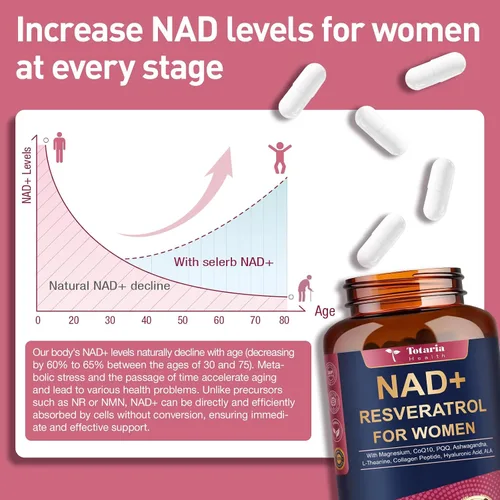 Vista 4 de Totaria Suplemento NAD+ para mujeres - Suplemento NAD Trans-Resveratrol con magnesio, CoQ10, PQQ, Ashwagandha, péptido de colágeno - Alternativa NMN