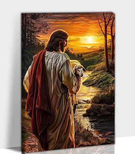 Vista 18 de Arte de pared en lienzo de Jesús y Cordero, Arte de pared en lienzo de Jesús abrazando a un cordero fangoso, Arte de pared cristiano para decoración