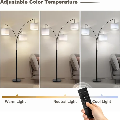Vista 5 de Lámpara de pie con control remoto, lámparas de pie de arco de 3 luces para sala de estar, lámparas de pie altas de 2400 lm con pantallas blancas