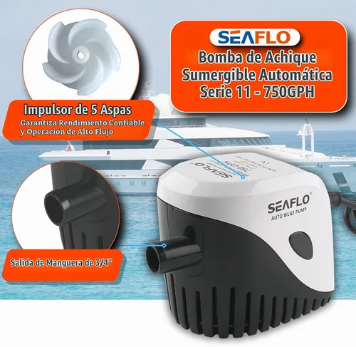 Vista 6 de Seaflo, bomba de agua autosumergible automática para barco de sentina de 12 V 750 ghp con interruptor sumergible