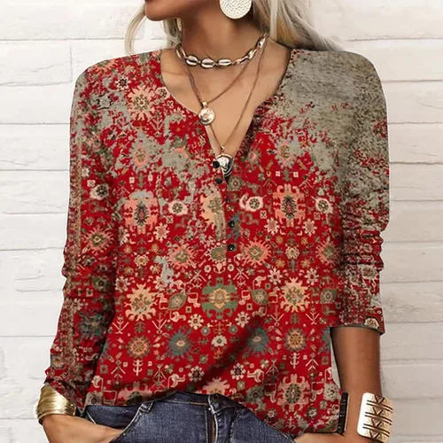Vista 2 de SMIDOW Camisetas de manga larga con estilo étnico para mujer, camisas de primavera de moda, cuello en V, holgadas, cómodas, blusas elegantes